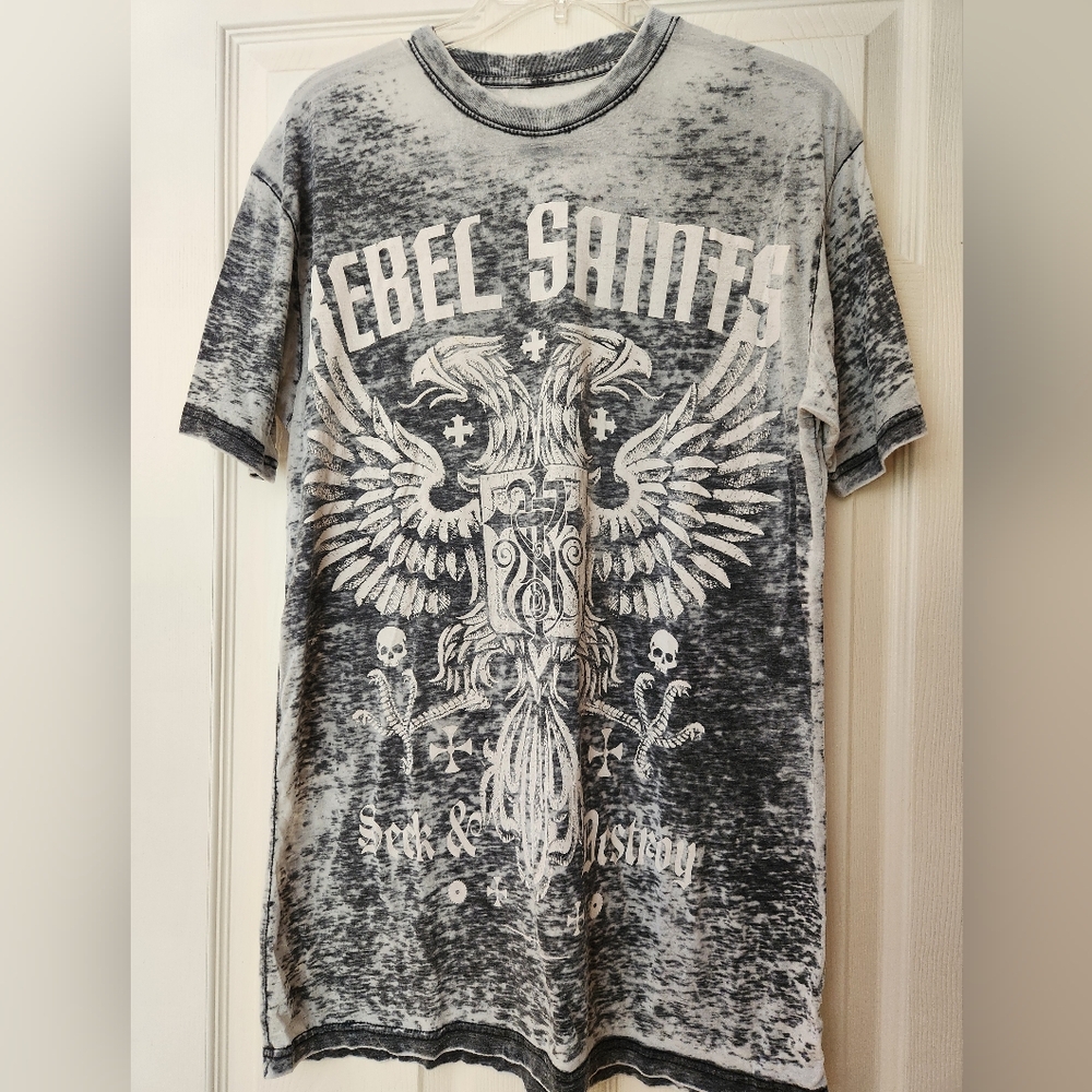 Rebel Saints Mens Black Graphic T-Shirt, Size L